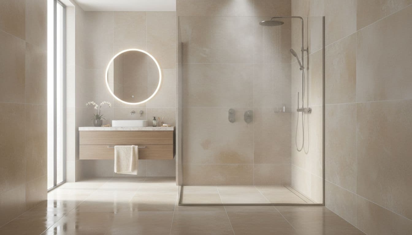 Modern bathroom with matte porcelain tile floor