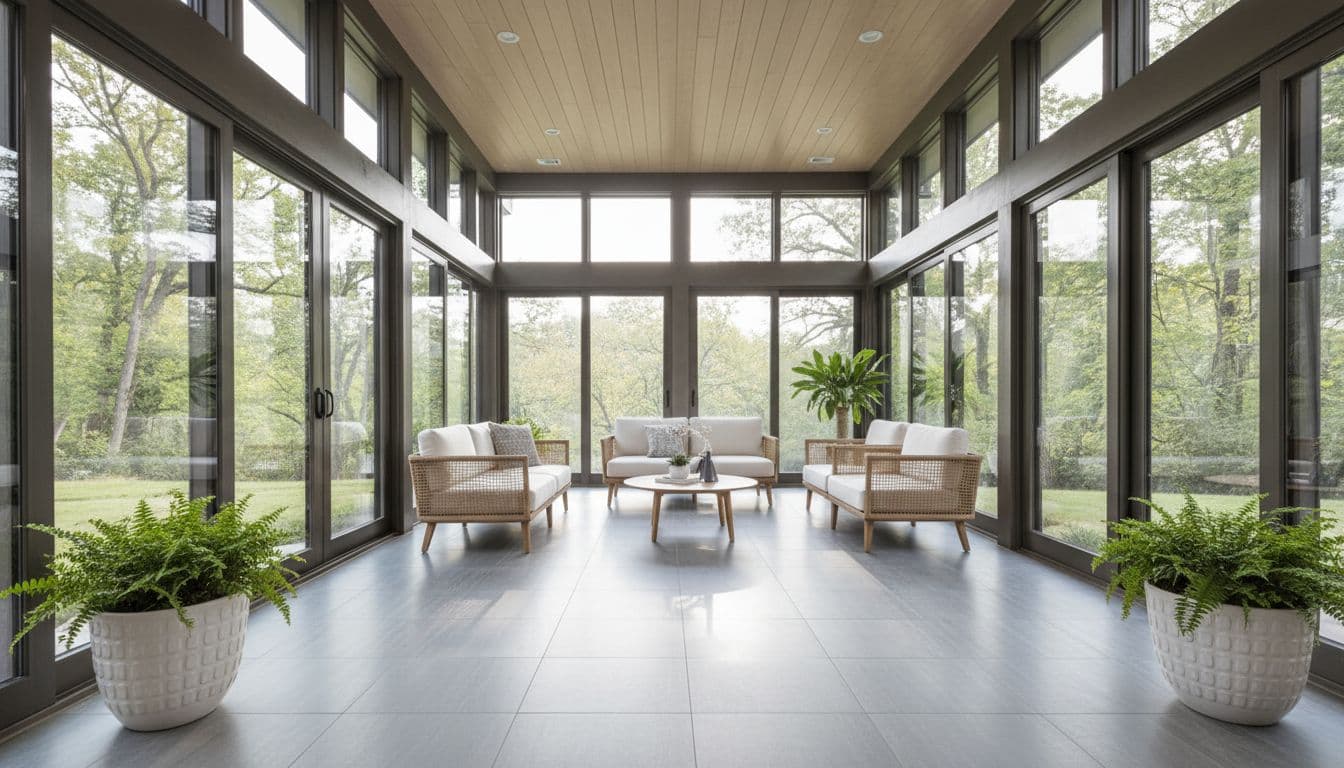 Expansive modern sunroom featuring light gray porcelain tile flooring that reflects soft sunlight from large windows, furnished with minimalist wicker and potted ferns in photorealistic style.