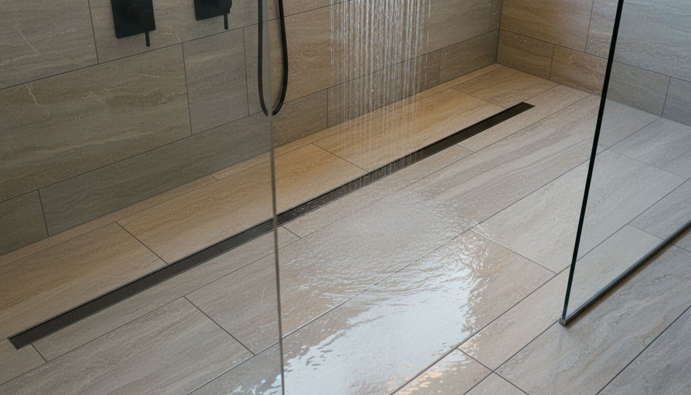 Modern walk-in shower with wall-to-wall linear drain and large-format tile