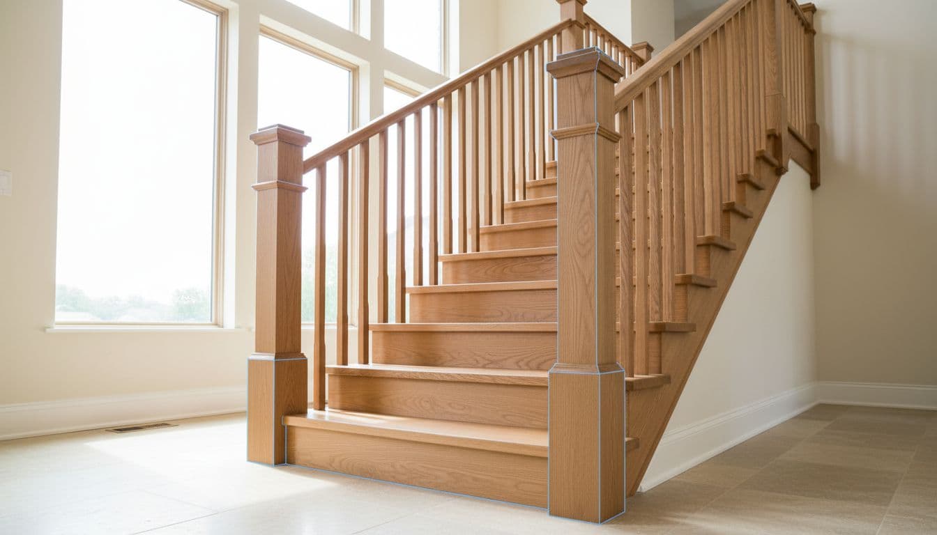 Modern wooden staircase with newel posts and handrails
