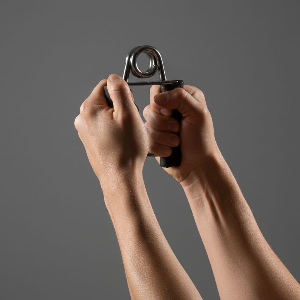 Photo-realistic close-up of a woman's muscular forearms squeezing a handgrip strengthener at maximum isometric hold, veins slightly visible, detailed skin texture, neutral gray background, top lighting highlighting muscle tension.