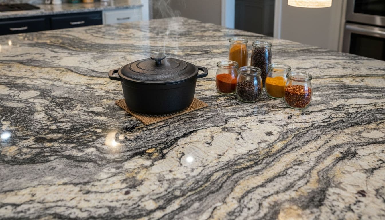 Natural granite countertop in an upscale Alpharetta kitchen features unique veining patterns with a pot on a hot pad, steam rising, and spices nearby under soft lighting. Realistic stone texture in detailed closeup composition highlights heat tolerance.