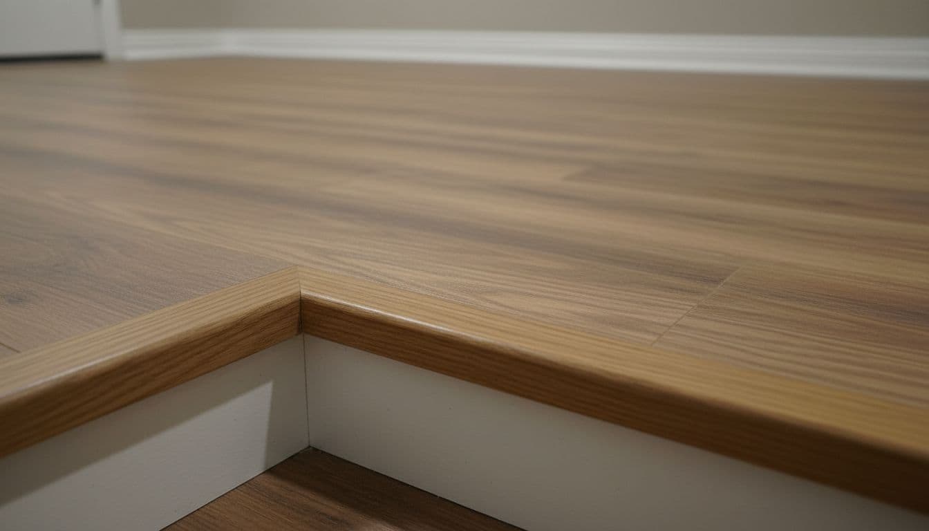 Ultra-realistic close-up of a basement stair tread with bullnose nosing profile and smooth transition to matching warm oak luxury vinyl plank flooring. High-detail wood grain textures, matte finish, and precise joinery at the step edge.