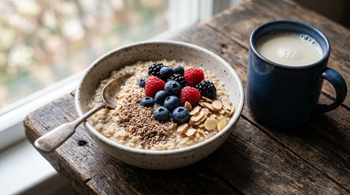 Photorealistic close-up of a bowl of oatmeal topped with berries, ground flax, and sliced almonds beside a mug of unsweetened soy milk on a wooden surface, captured with natural window light and shallow depth of field.