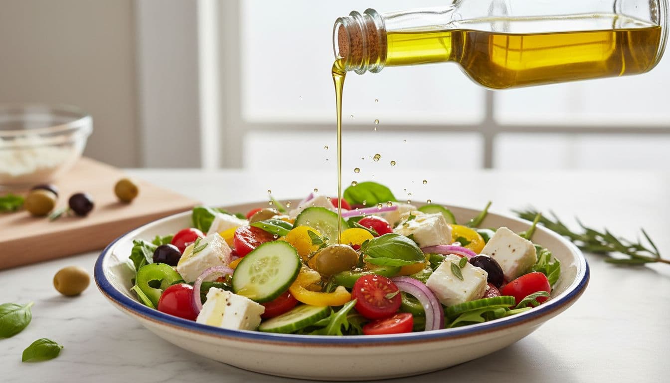 Photo-realistic top view of olive oil pouring from a bottle over a fresh Mediterranean salad with tomatoes, vegetables, and feta in bright natural kitchen light, showcasing heart-healthy cooking.