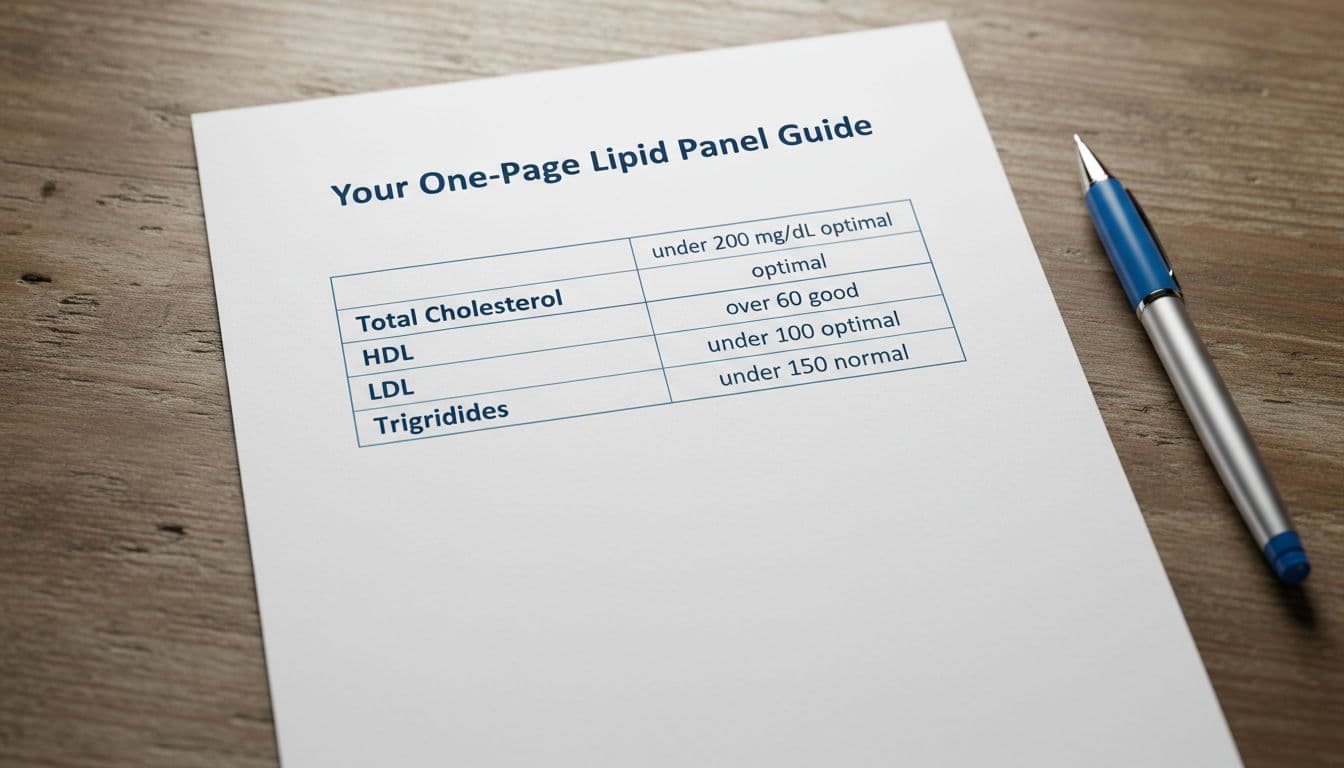 Photorealistic close-up of a simple one-page lipid panel cheat sheet on a wooden desk with an original table listing optimal levels: total cholesterol under 200 mg/dL, HDL over 60, LDL under 100, triglycerides under 150; pen nearby, soft natural light, high detail, clinical aesthetic.