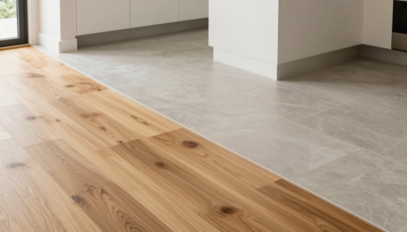 Ultra-realistic wide shot of an open-concept kitchen-to-living area with seamless hardwood to tile floor transition using a clean, aligned strip. Bright modern interior with natural daylight, high-detail textures, and neutral palette of light oak floors, gray stone tiles, and white cabinets, captured from floor-level wide perspective.