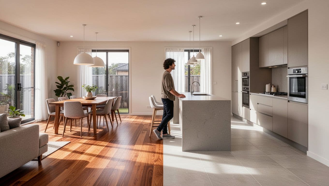 Bright open floor plan interior with warm hardwood in living and dining areas transitioning smoothly to large format porcelain tile in the kitchen zone, featuring modern appliances, furniture, large windows with natural light, and one person at the kitchen island.
