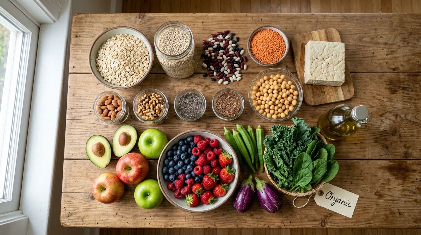 Photorealistic overhead shot of a colorful Portfolio Diet grocery haul on a wooden kitchen table, featuring oats, barley, beans, lentils, chickpeas, tofu, almonds, walnuts, chia seeds, flax seeds, avocado, apples, berries, leafy greens, okra, eggplant, and extra-virgin olive oil with an 'Organic' tag.