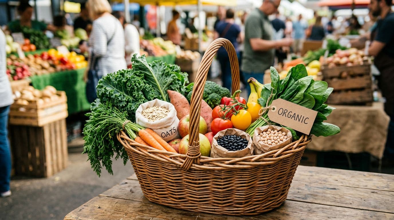 Photorealistic grocery basket filled with whole foods like produce, oats, and beans, featuring an organic label on one item in an authentic market setting with natural lighting, ideal for healthy eating blogs.