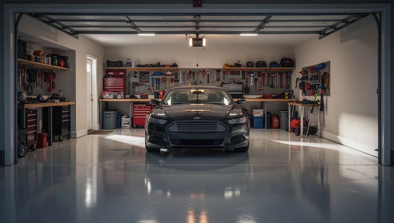 Organized home garage interior with a shiny epoxy coated concrete floor, one car parked cleanly, tools on shelves in background, soft overhead and doorway lighting in cinematic style with strong contrast and depth. No people, vehicles, text, logos, or watermarks present.