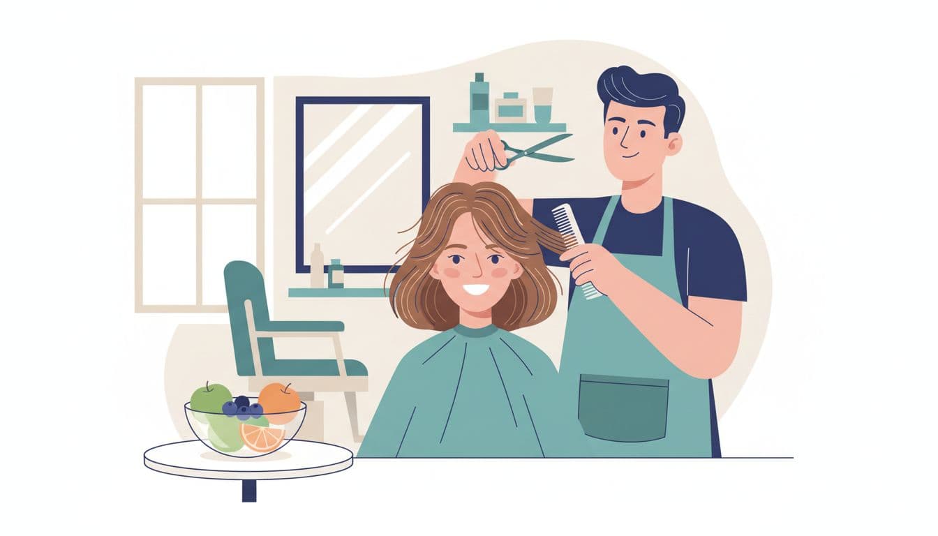 Person with oval face smiling confidently as barber styles balancing layered hair in barbershop, with fresh fruits nearby, in crisp vector flat design.