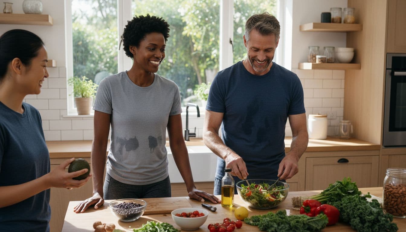 Photorealistic scene of diverse adults in their 40s and 50s preparing a healthy meal together in a bright kitchen after a walk, with fresh vegetables, beans, and nuts on the counter, casual clothes sweaty from exercise, natural window light.