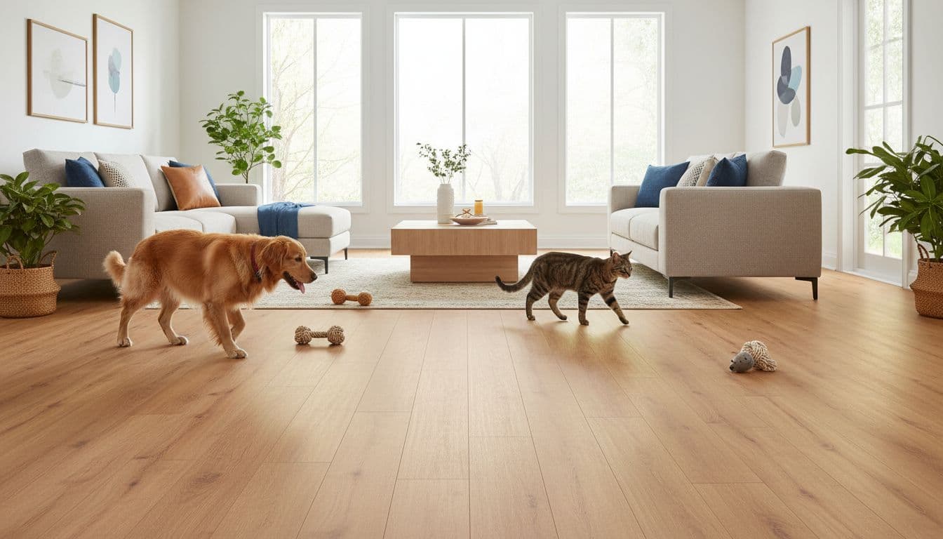 Photorealistic interior of a bright, upscale suburban home living room with sunlight illuminating scratch-resistant luxury vinyl plank flooring in warm oak tones. A golden retriever and tabby cat walk across the clean, scratch-free floor amid modern furnishings.