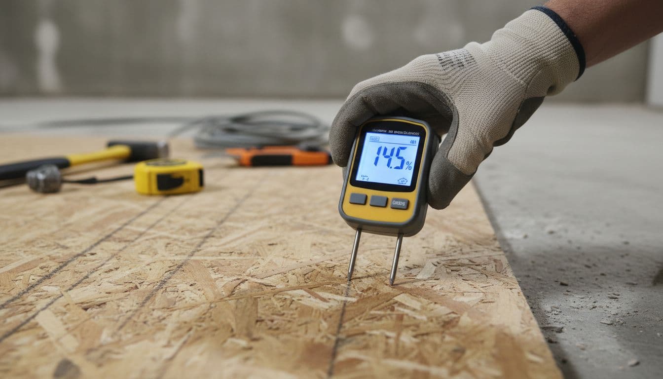 Pin-type moisture meter testing plywood subfloor
