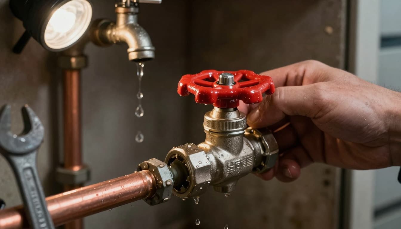 Photo-realistic depiction of a plumber's hand turning a red-handled ball valve clockwise to the closed position on a copper water pipe in a dimly lit basement utility room. Dripping faucet and nearby tools like a wrench are visible in the background with realistic details.