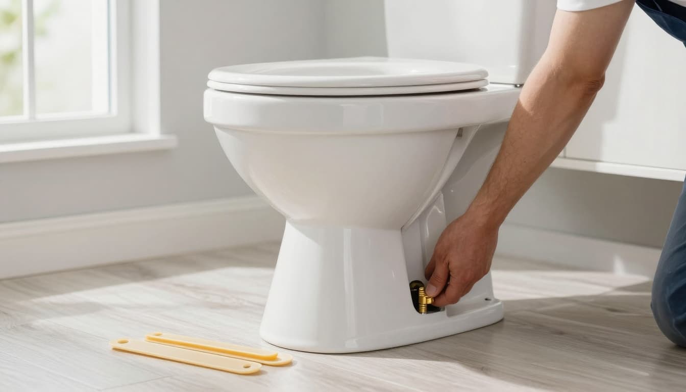 Plumber lowering a toilet onto a flange extender with closet bolts aligned and shims ready to prevent rocking.