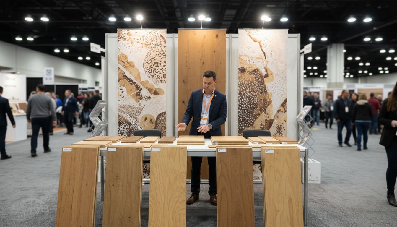 Display booth at an annual flooring trade show featuring engineered hardwood flooring samples with plywood cores arranged on a table, one person pointing relaxed with two hands, crowded convention hall with vibrant lighting and informational banners in the background.