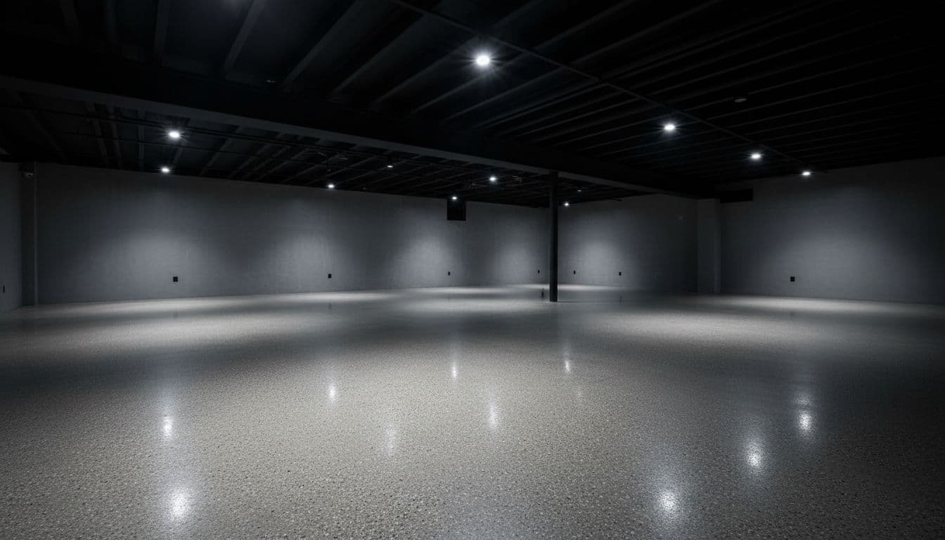 Empty contemporary basement gym with high gloss polished concrete floor showing exposed aggregate under recessed ceiling lights.