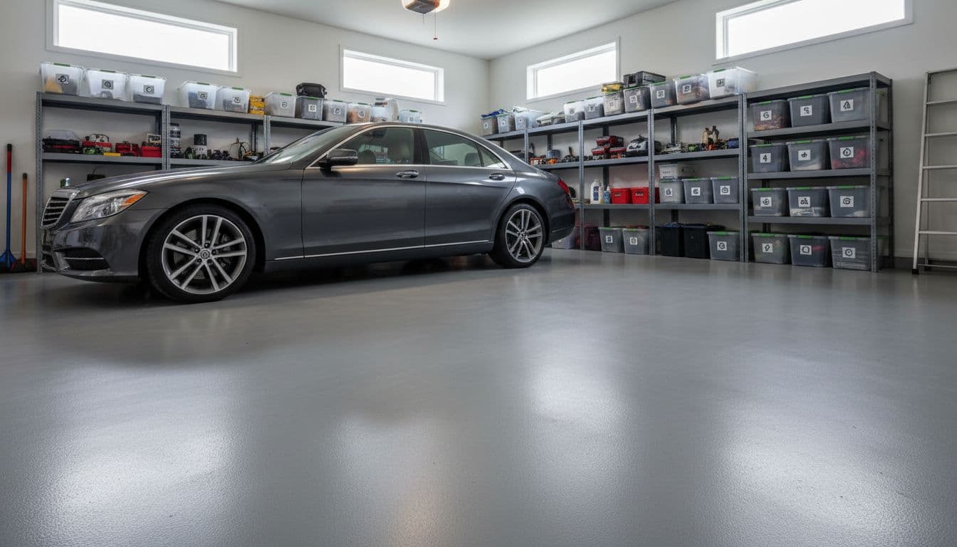 Polished concrete garage floor with subtle sheen, parked sedan in background, organized storage shelves, natural daylight highlighting smooth dust-free surface.