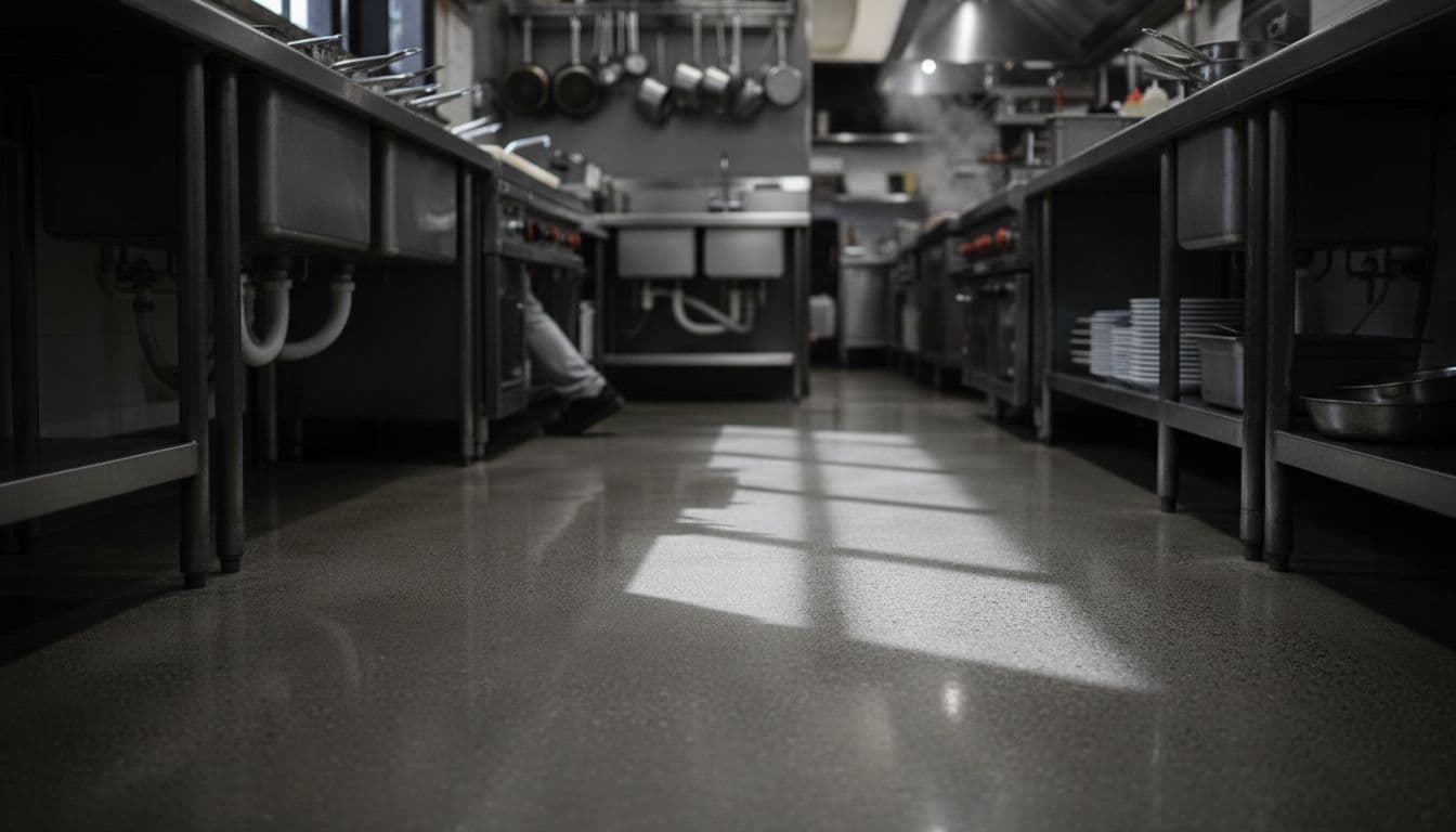 Close-up of smooth reflective polished concrete floor with stainless steel counter legs and faint tool reflections.