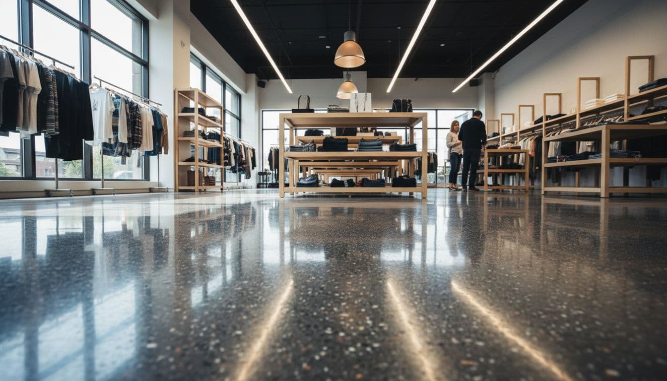 Modern retail store with shiny polished concrete floors reflecting lights, wooden shelves holding clothes, two distant customers, and large windows.