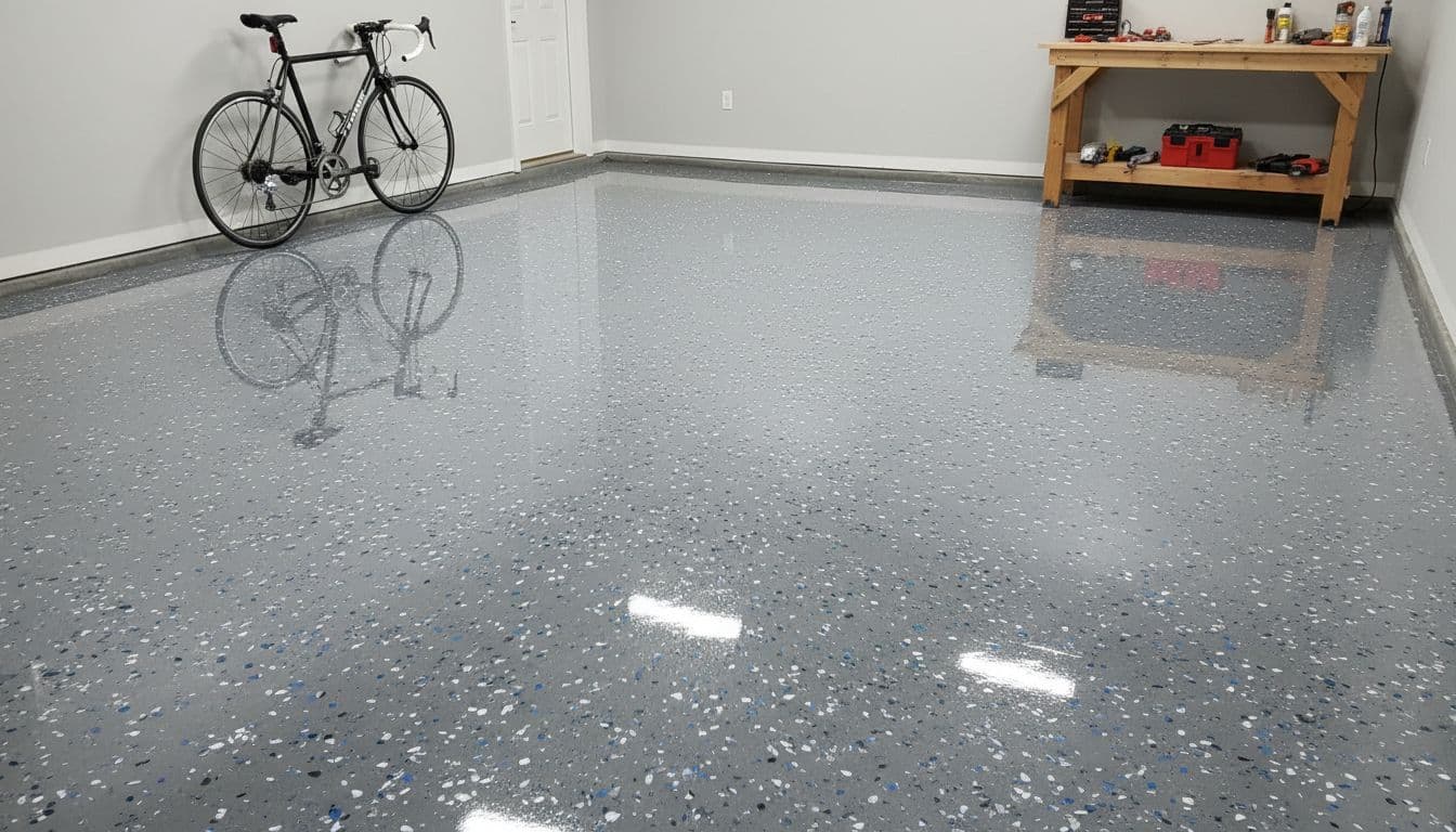 Garage floor freshly coated with polyaspartic coating, showing fast-drying clear finish over colored base embedded with color flakes, bicycle leaning against wall, workbench nearby, soft overhead lighting emphasizing smooth glossy surface.