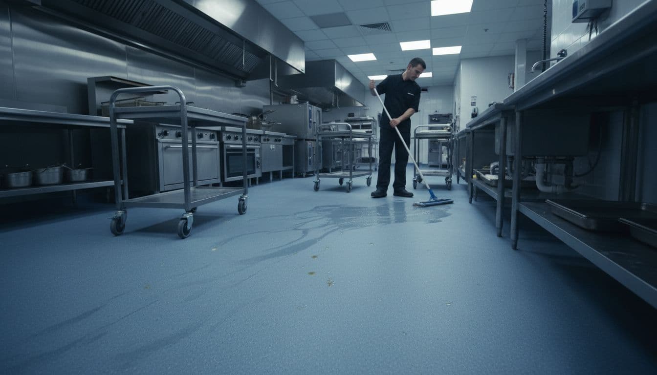 Worker mops water and grease off seamless polyaspartic kitchen floor as carts roll smoothly.