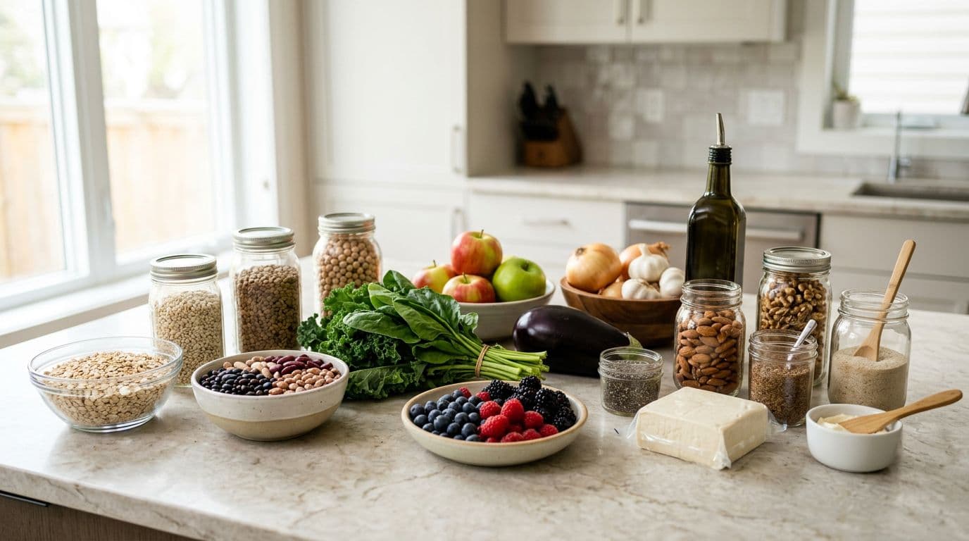 Photorealistic image of a neatly arranged Portfolio Diet grocery haul on a light stone countertop, including oats, barley, lentils, chickpeas, mixed beans, leafy greens, berries, apples, eggplant, onions, garlic, extra-virgin olive oil, almonds, walnuts, chia seeds, ground flax, tofu, psyllium husk, and plant sterol fortified spread. Bright natural window light illuminates the clean modern kitchen setup with shallow depth of field, true-to-life colors, and high resolution.