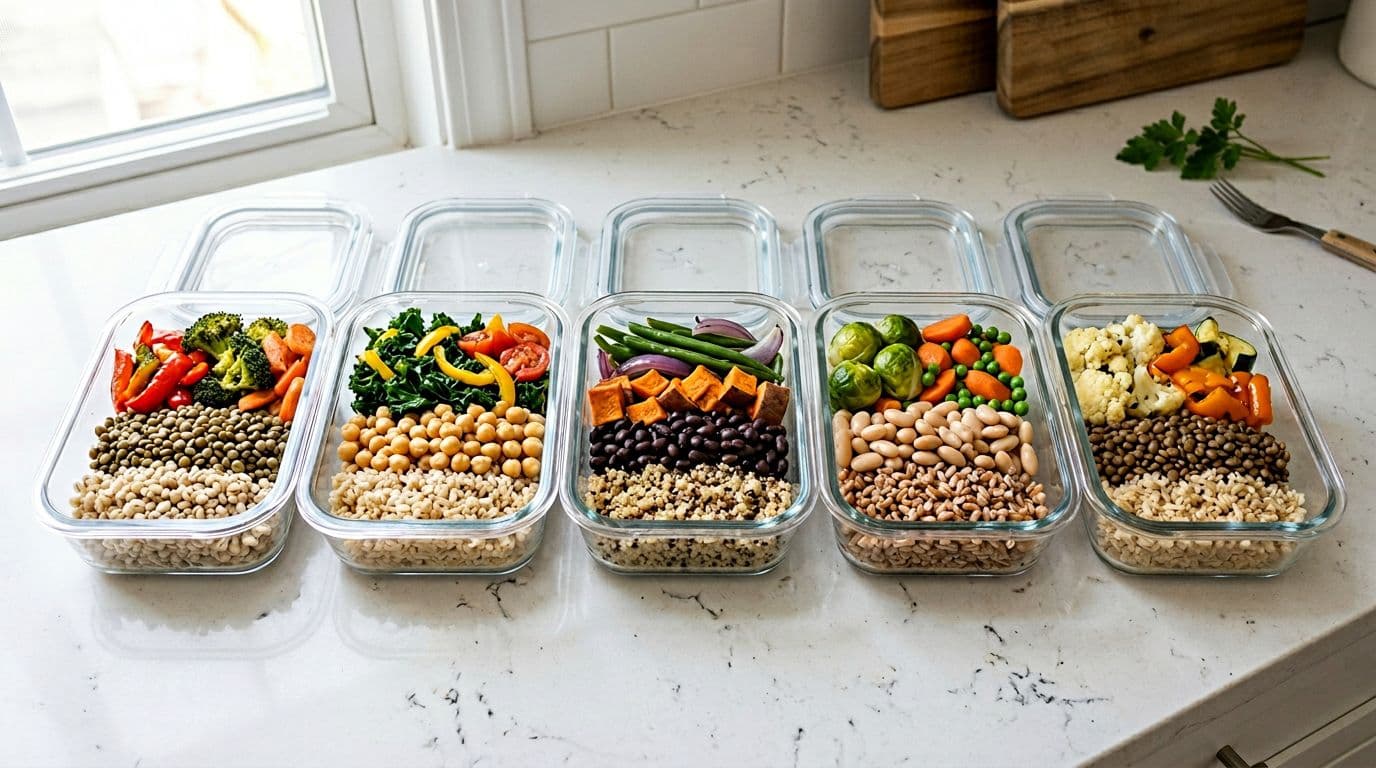 Photorealistic top-down view of five glass containers on a kitchen counter, each filled with balanced Portfolio Diet lunches featuring grains like barley or brown rice, legumes such as lentils or chickpeas, and colorful vegetables including broccoli, peppers, and carrots, under bright natural light.