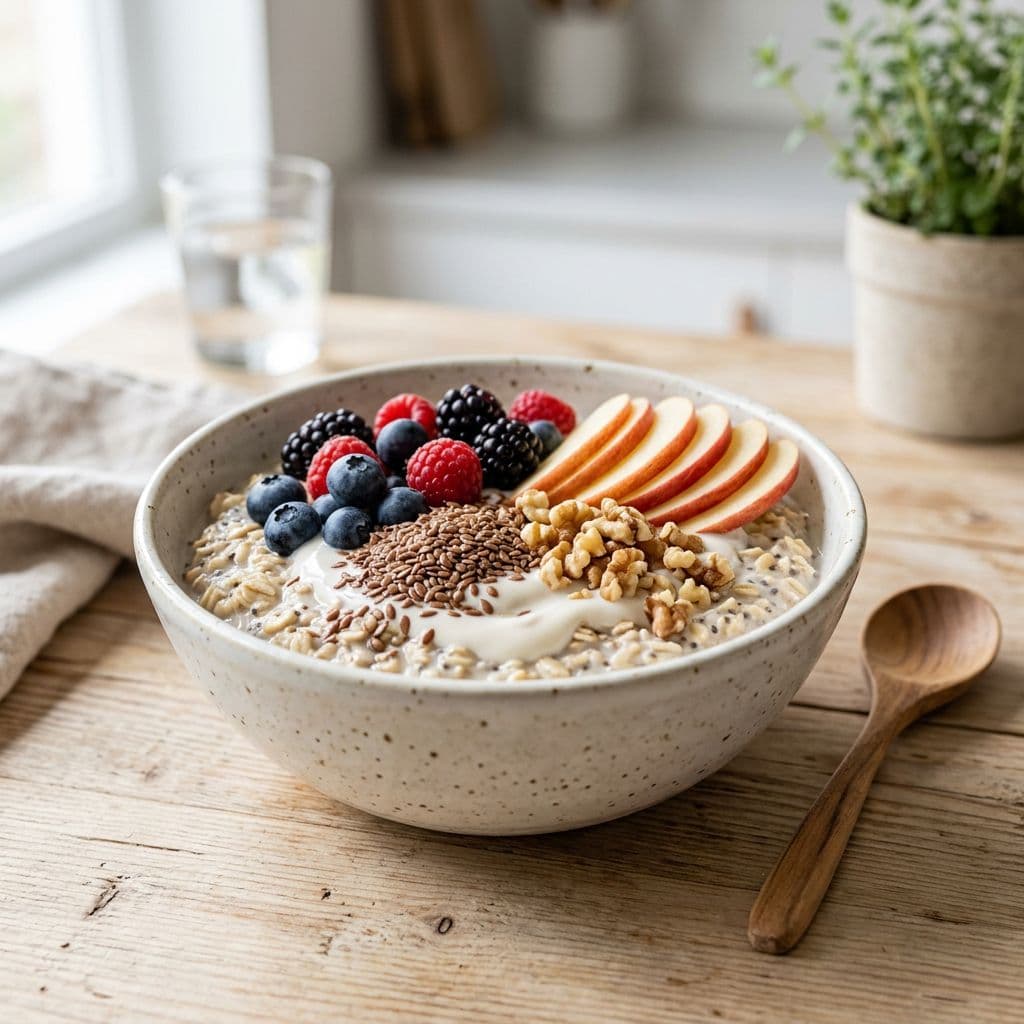 Photorealistic image of an overnight oats bowl for Portfolio Diet: oatmeal topped with fresh berries, sliced apple, ground flax seeds, chopped walnuts, and a drizzle of unsweetened soy yogurt; wooden spoon beside the bowl on a light wooden surface. Minimal props, bright natural window light, clean modern kitchen aesthetic.