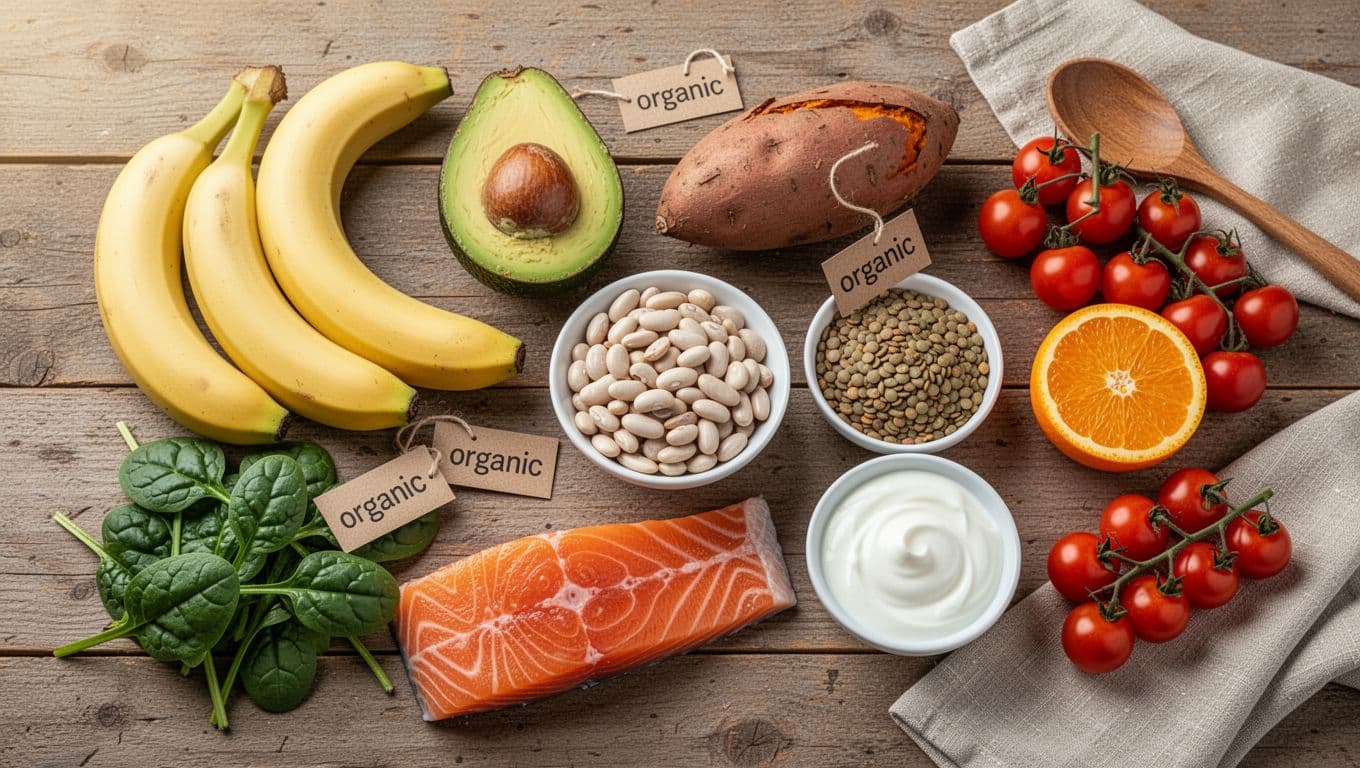 Overhead flat-lay view of fresh potassium-rich foods like bananas, avocado, sweet potato, spinach, beans, lentils, salmon, yogurt, cherry tomatoes, and orange arranged on a rustic wooden table with organic labels and minimal props.