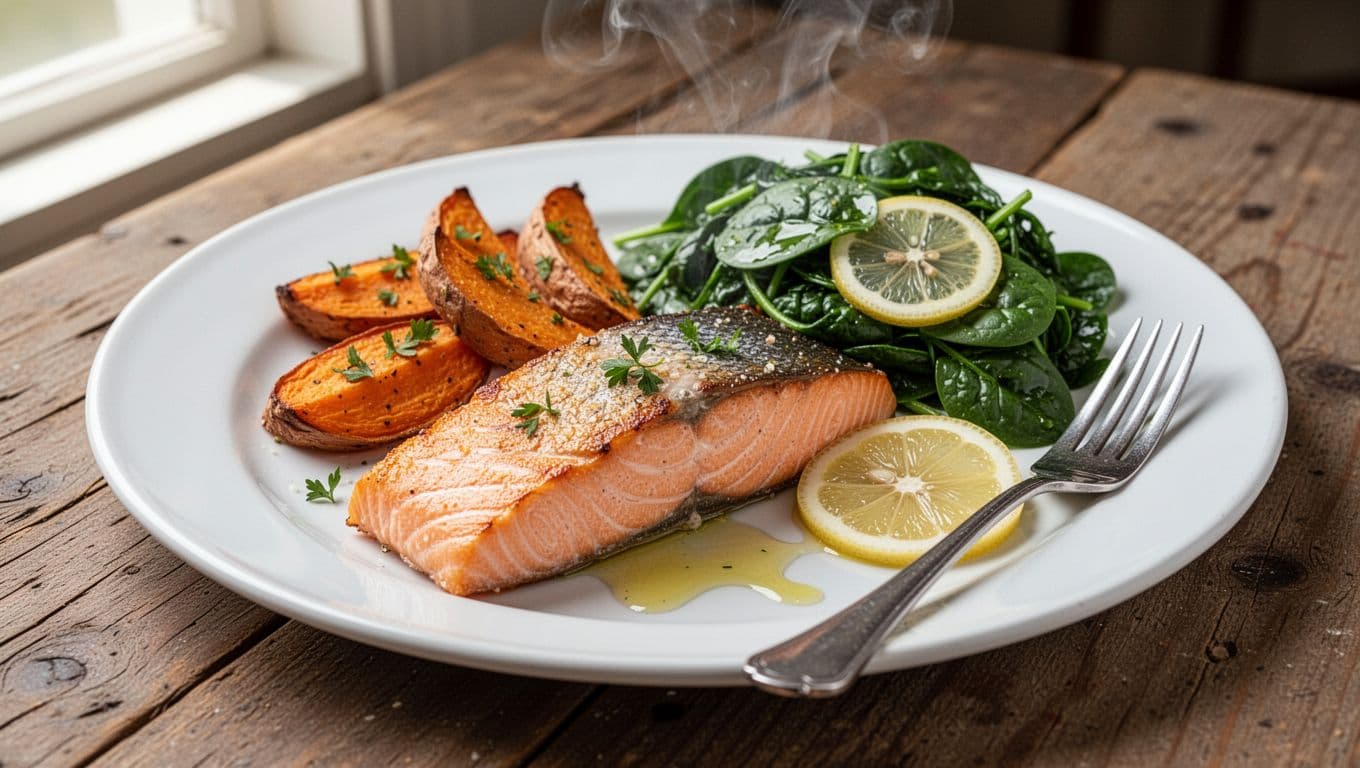 Photorealistic close-up of an elegant white ceramic dinner plate with perfectly baked salmon fillet, golden roasted sweet potato wedges, and bright green steamed spinach drizzled with lemon juice, on a rustic wooden table with natural window light.