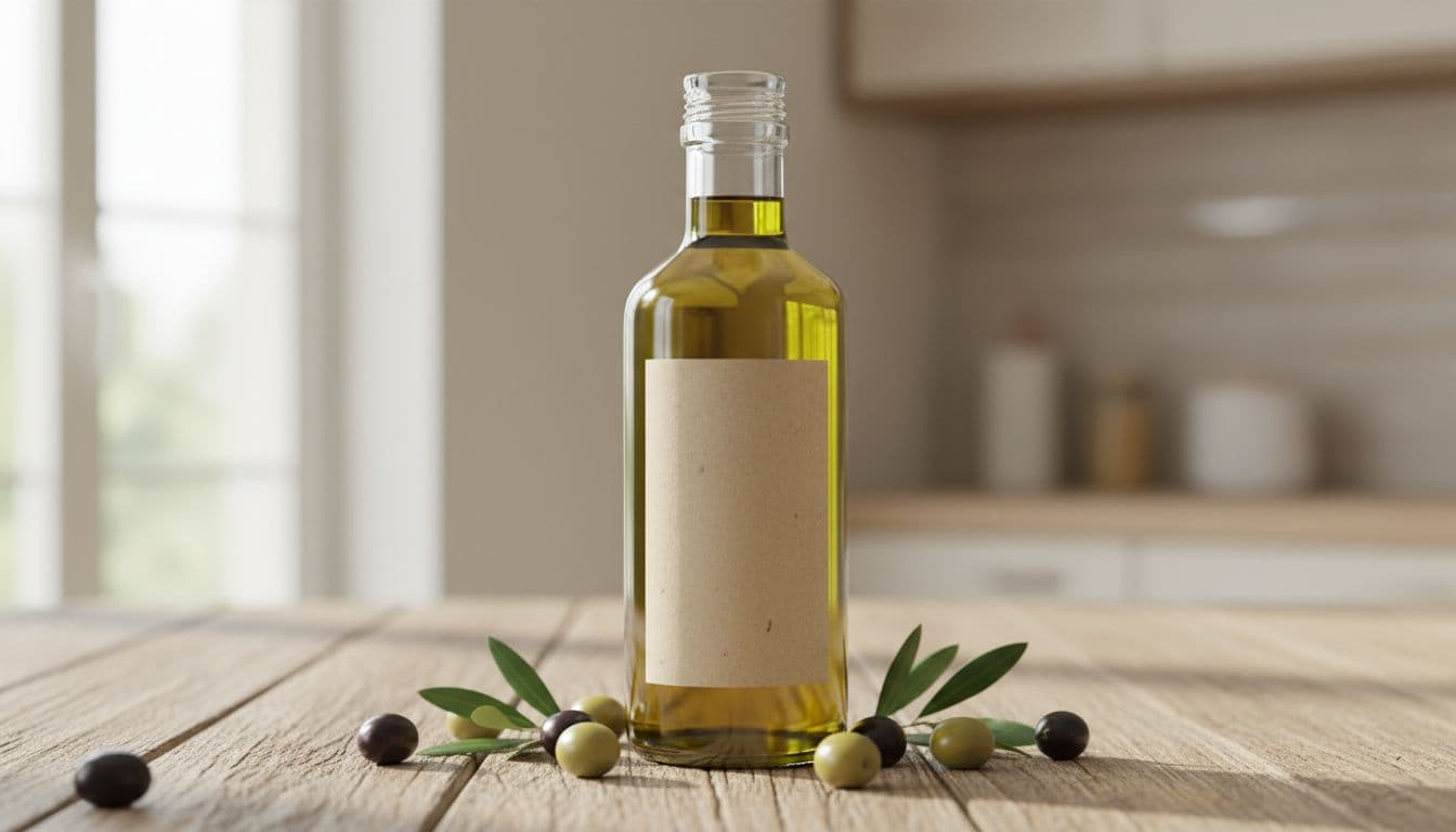 Photo-realistic close-up of extra virgin olive oil bottle with clean natural label and golden liquid visible through glass, on wooden table with olives nearby, bright natural light.