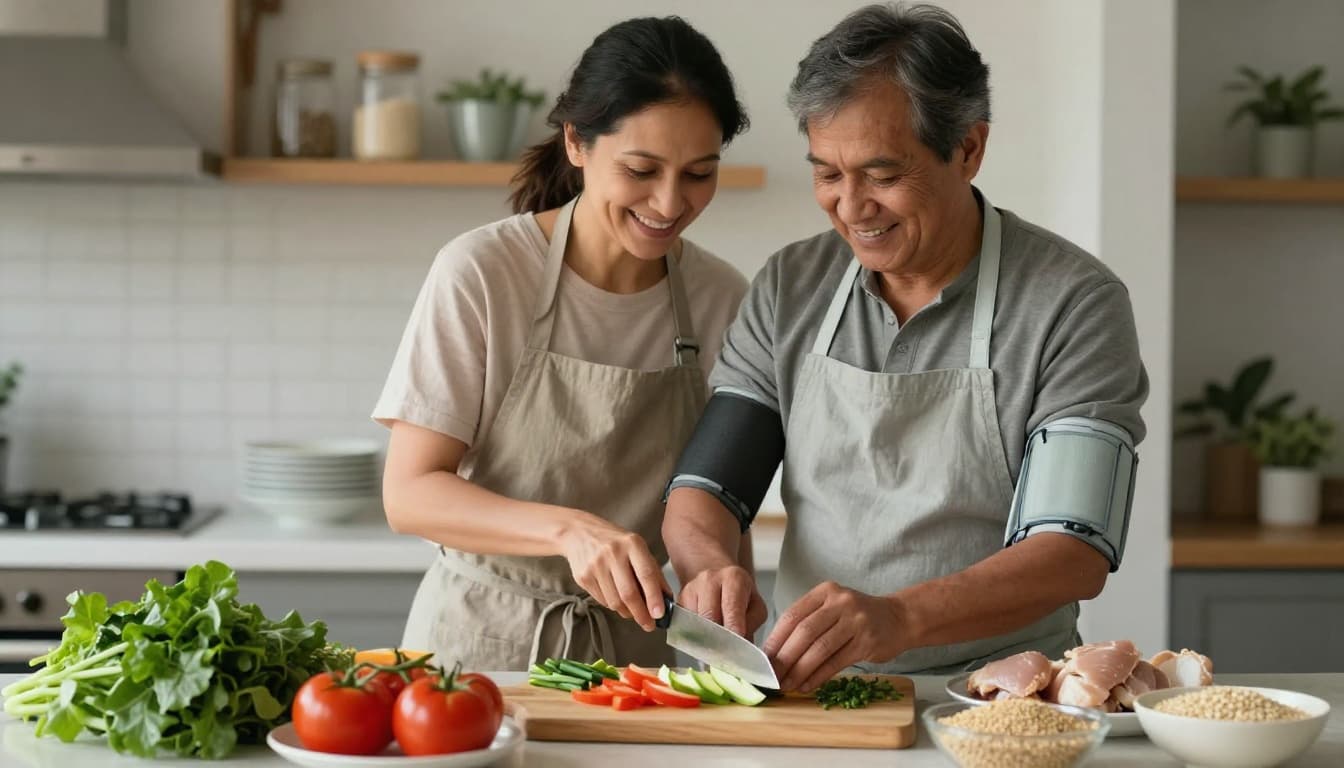 Photorealistic image of a mid-40s person in a home kitchen chopping vegetables on a wooden board for a Blood Pressure Plate meal, with greens, tomatoes, chicken, and quinoa nearby. Bright natural light creates a healthy, active vibe with assembled plates in the background.