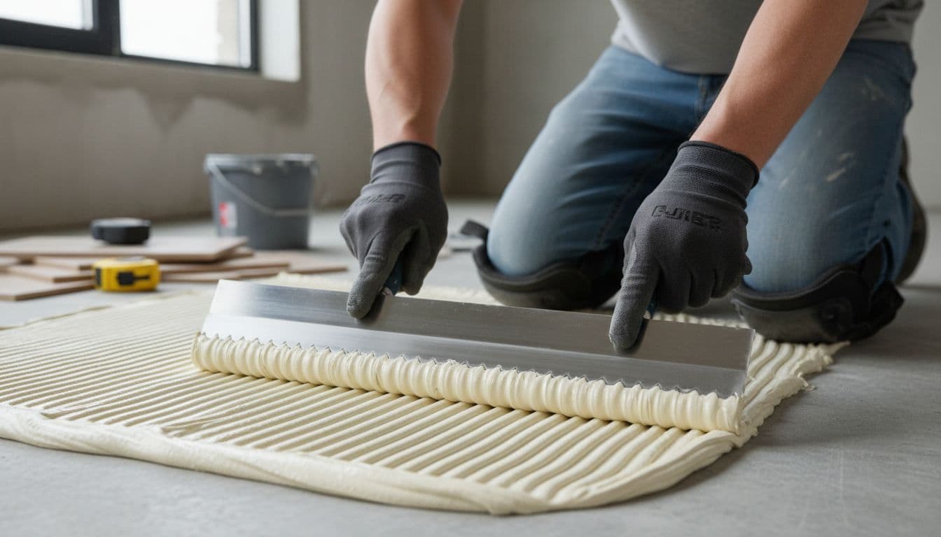 Installer spreading adhesive with notched trowel