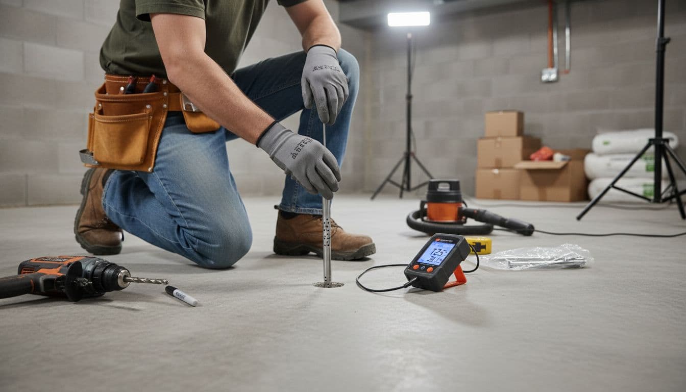 Technician installing an RH probe test in a basement slab