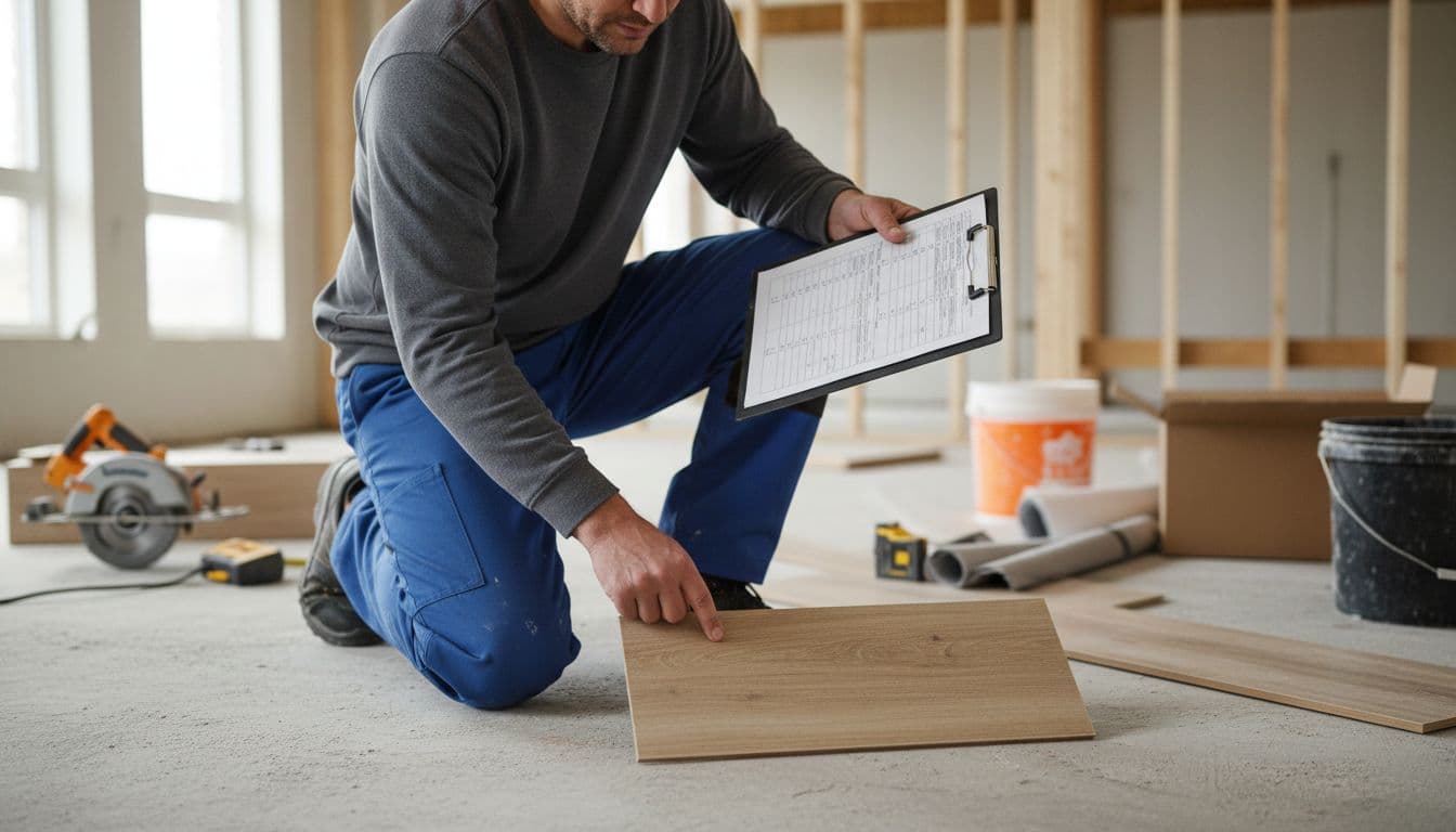 A professional flooring installer in work clothes examines an LVT sample on a job site floor while holding a clipboard with a checklist.