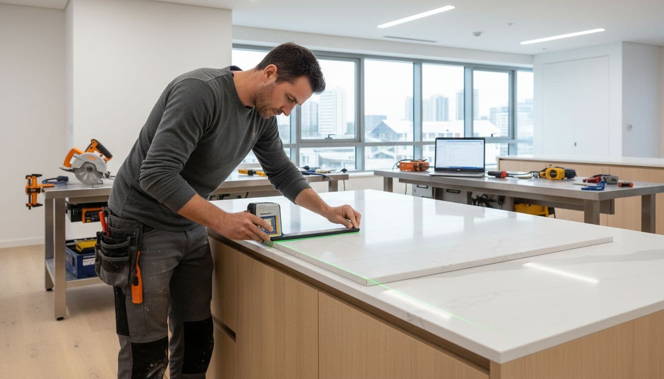 A professional installer precisely templates a quartz countertop using a digital device in a bright modern kitchen workspace, with tools on a nearby workbench.