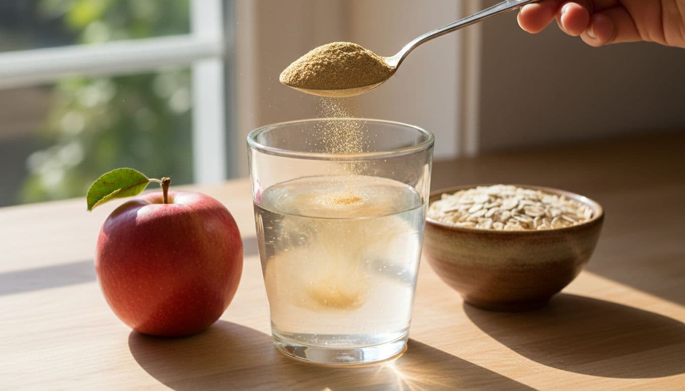 Psyllium husk powder spooned into a glass of water on a sunny kitchen counter, swirling to form a gel with fresh apple and oats nearby, in a photorealistic natural kitchen setting.