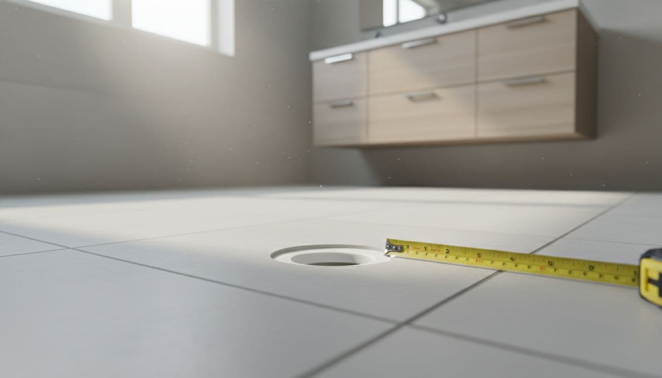 Close-up of a toilet flange sitting slightly below a new tile floor with a tape measure showing the height difference.