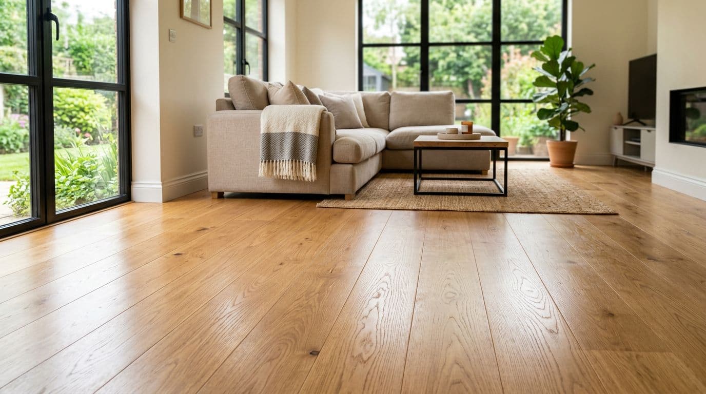 Photorealistic wide-angle view of a beautifully refinished smooth hardwood oak floor in a modern living room after water damage repair, with even planks, fresh satin polyurethane finish, cozy sofa, coffee table, potted plant, and soft natural daylight.