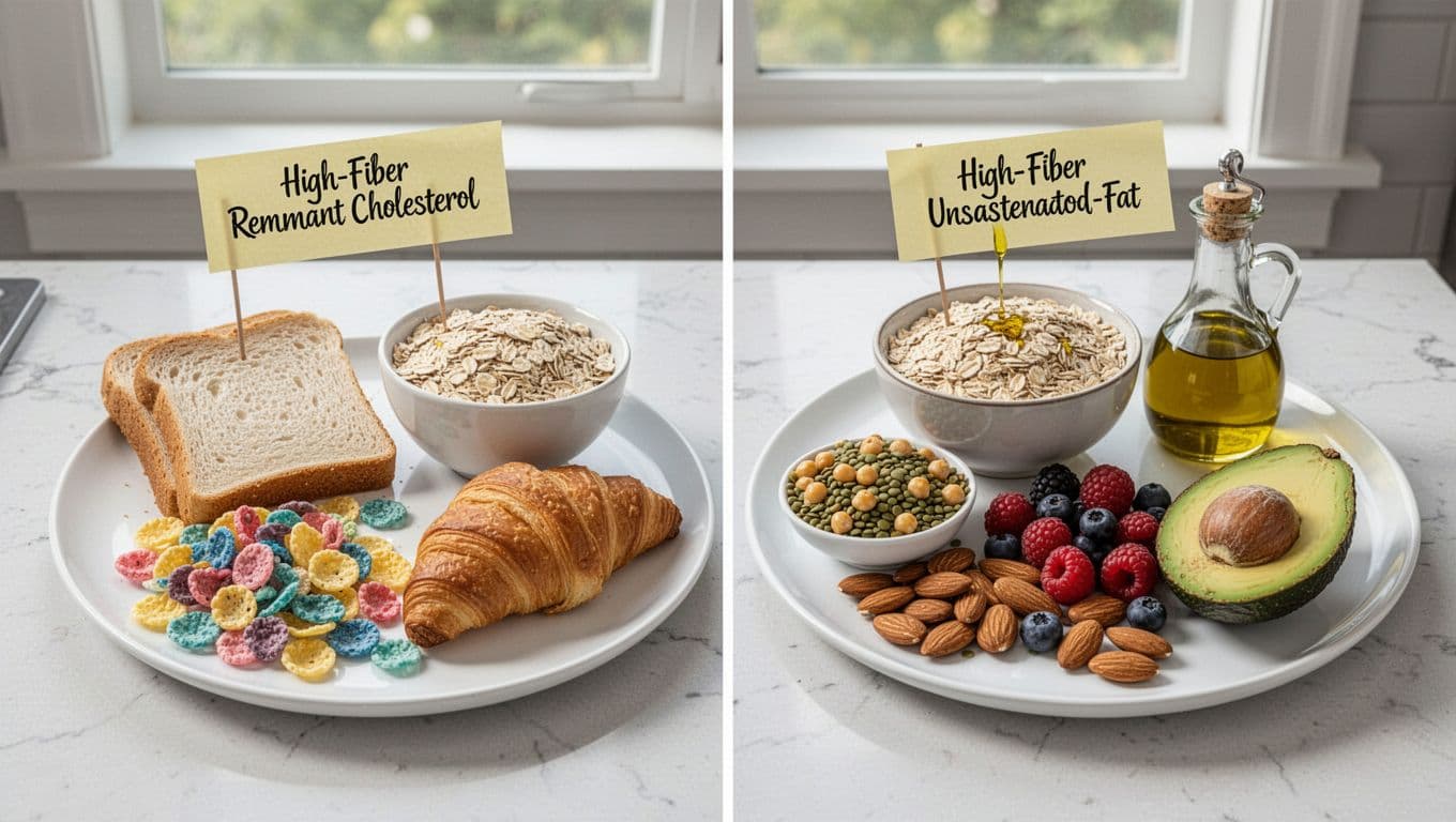 Photorealistic editorial-style image of two side-by-side plates on a bright kitchen counter: left with refined carbs like white bread, sugary cereal, and pastry; right with high-fiber unsaturated-fat foods including steel-cut oats, chickpeas, lentils, berries, almonds, avocado, and olive oil drizzle.