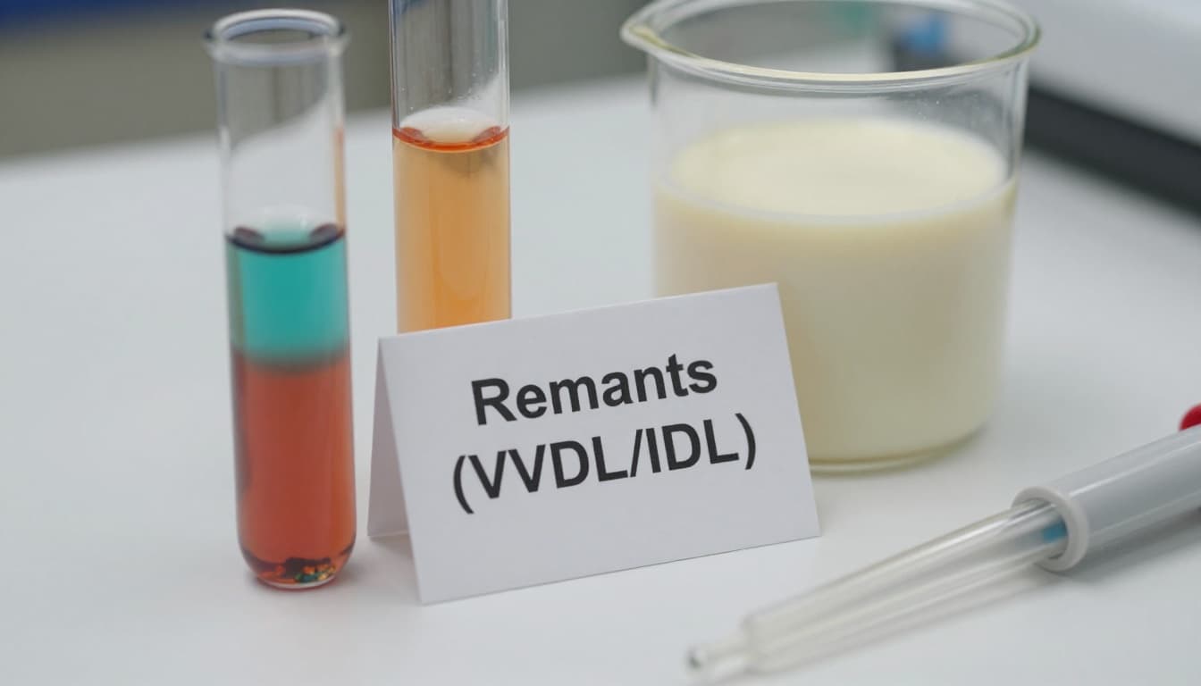Photorealistic close-up of glass test tubes with colorful layered fluids representing lipoprotein fractions, one labeled 'Remnants (VLDL/IDL)', next to a transparent container with milky layers, pipette, and dropper on a white surface.