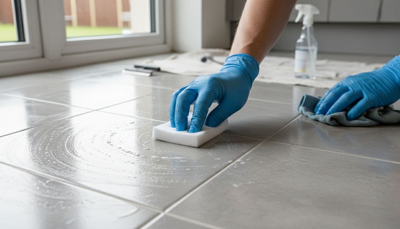 Hands scrubbing grout haze from new kitchen tiles