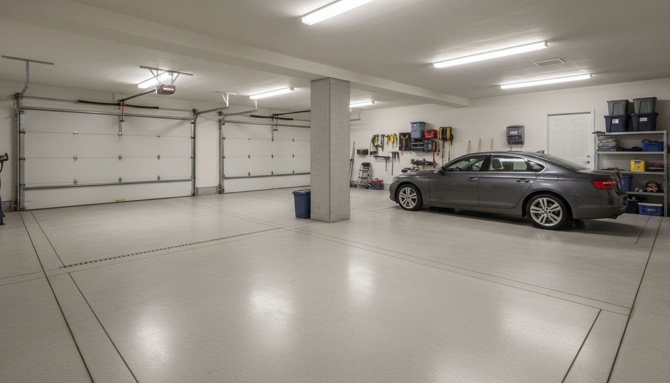 Realistic photo of a clean residential garage concrete floor showing expansion joints along walls, around a central support column, across a wide open bay, and near the garage door transition, with one car parked naturally under even overhead lighting on a polished surface.