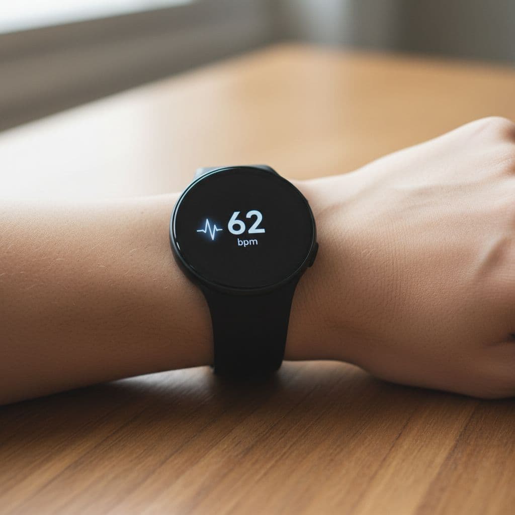 Photo-realistic close-up of a black fitness tracker on a diverse light skin tone wrist, displaying a healthy low resting heart rate around 62 bpm with a heartbeat icon, arm resting on a table in natural lighting with shallow depth of field.