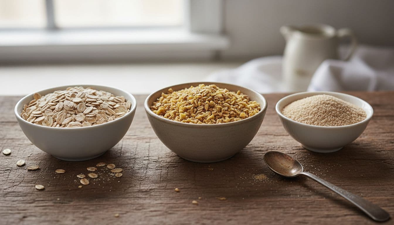 Photo-realistic close-up of rolled oats, steel-cut oats, and oat bran in separate bowls on a wooden kitchen surface with a measuring spoon nearby, lit by natural morning light highlighting detailed grain textures in an editorial wellness style.