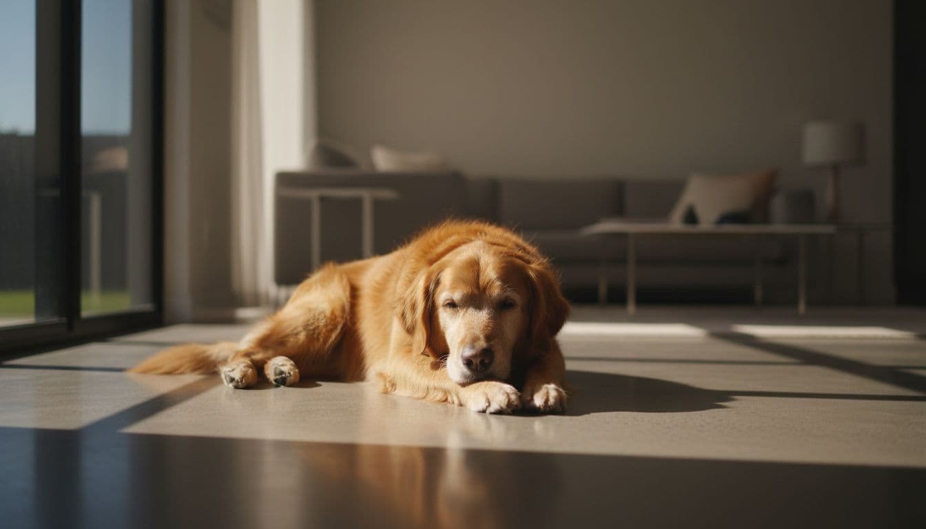 Older golden retriever lies relaxed on polished concrete floor in modern living room with warm window light.