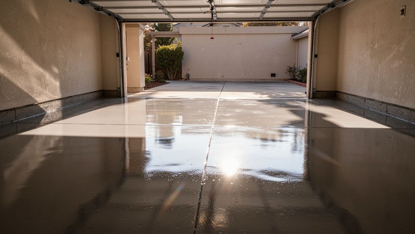 Shiny newly applied epoxy coated concrete garage floor reflecting lights with a smooth flawless high gloss finish and dramatic cinematic lighting from the garage door opening.